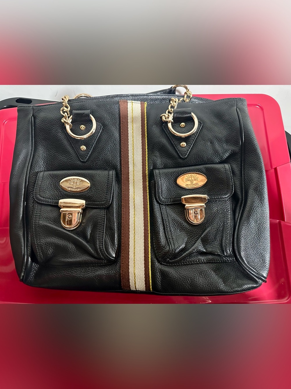 Black Leather Women’s Tote Bag with Brown & Cream Stripe